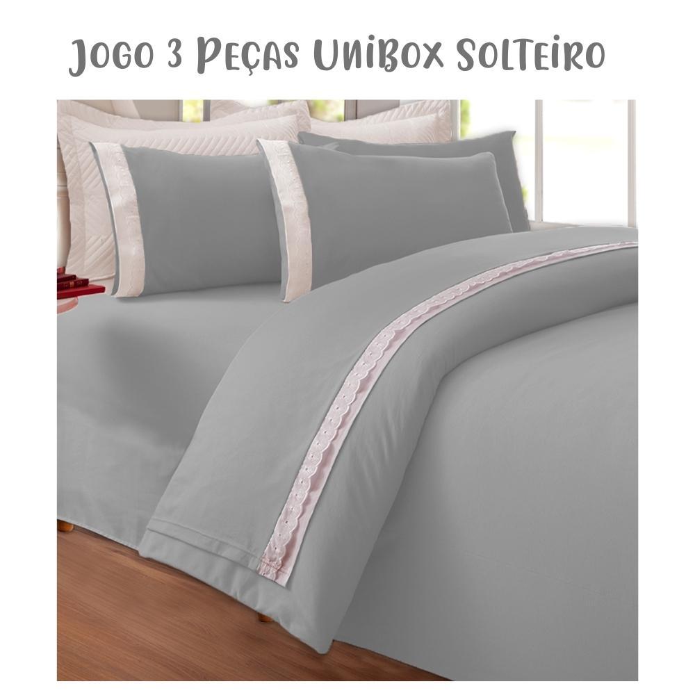 Jogo de Lençol 3 Peças Box Conjugado Unibox Solteiro Bordado Inglês Cinza Arrumadinho Enxovais