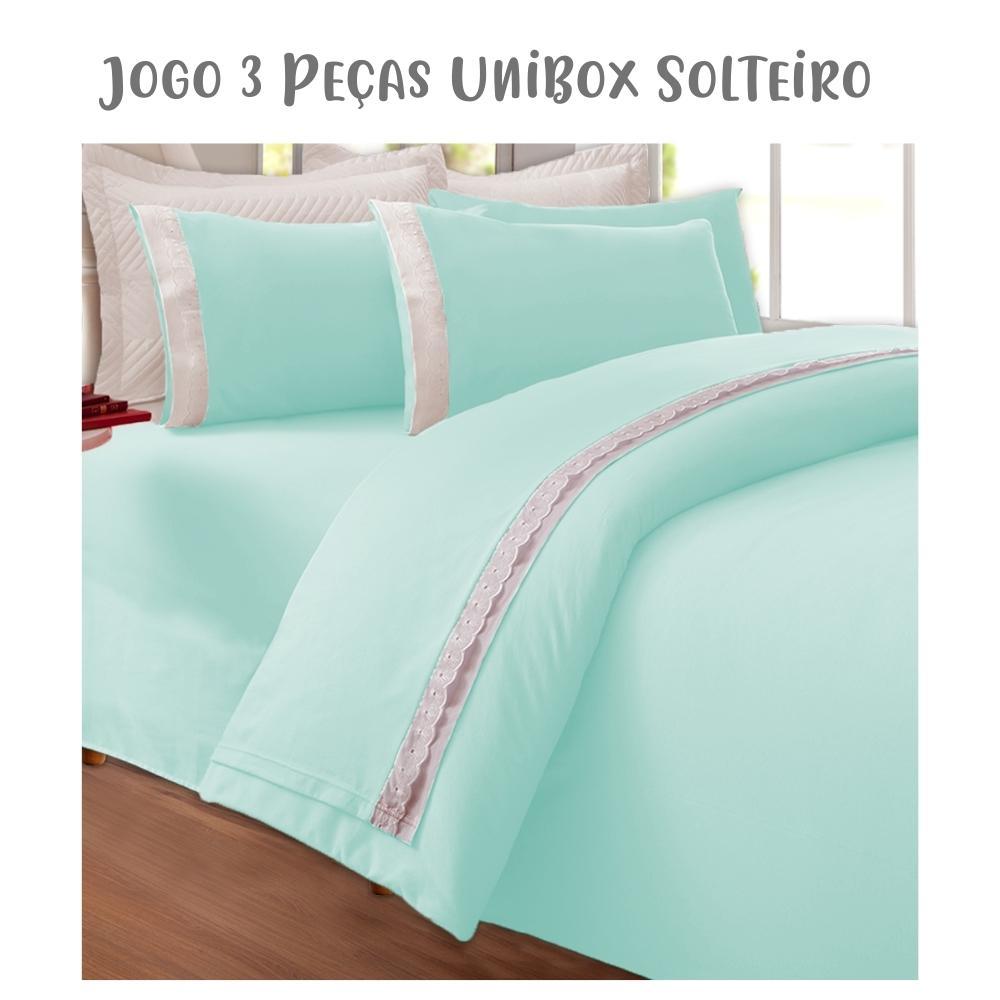 Jogo de Lençol 3 Peças Box Conjugado Unibox Solteiro Bordado Inglês Verde Arrumadinho Enxovais
