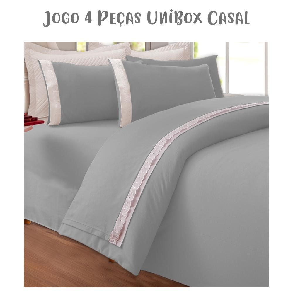 Jogo de Lençol 4 Peças Box Conjugado Unibox Casal Bordado Inglês Cinza Arrumadinho Enxovais