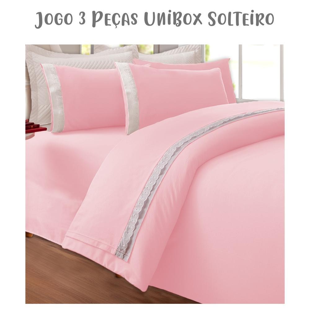 Jogo de Lençol 3 Peças Box Conjugado Unibox Solteiro Bordado Inglês Rosa Arrumadinho Enxovais