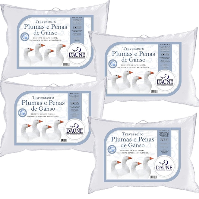 Kit 04 Travesseiros 50% Penas 50% Plumas de Ganso 50x70cm Daune