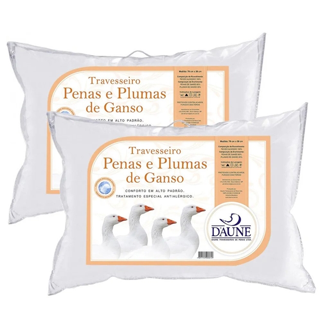 Kit 02 Travesseiros 80% Penas 20% Plumas de Ganso 50x70cm Daune