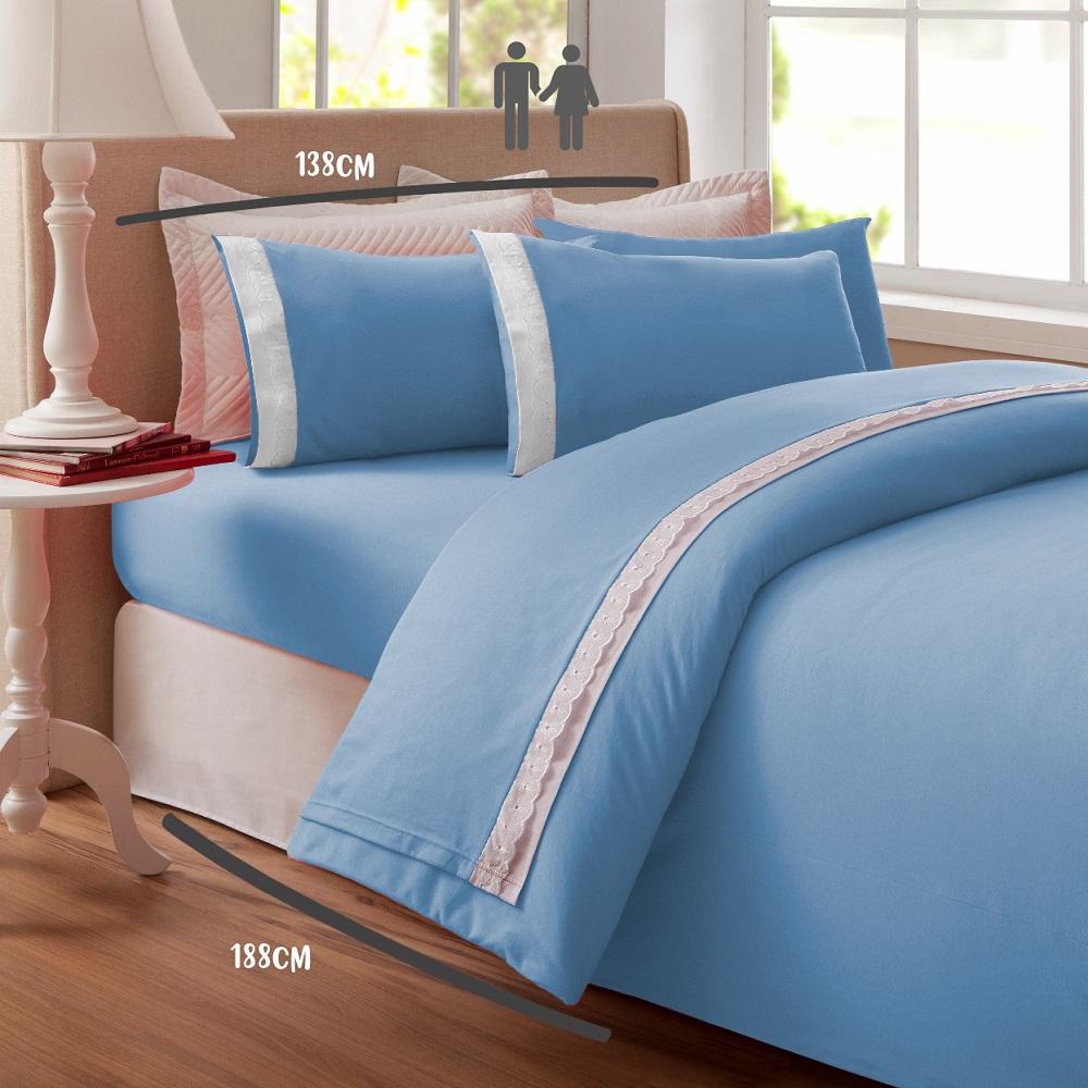 Jogo de Lençol 4 Peças Casal 1,38m x 1,88m Bordado Inglês Azul Arrumadinho Enxovais