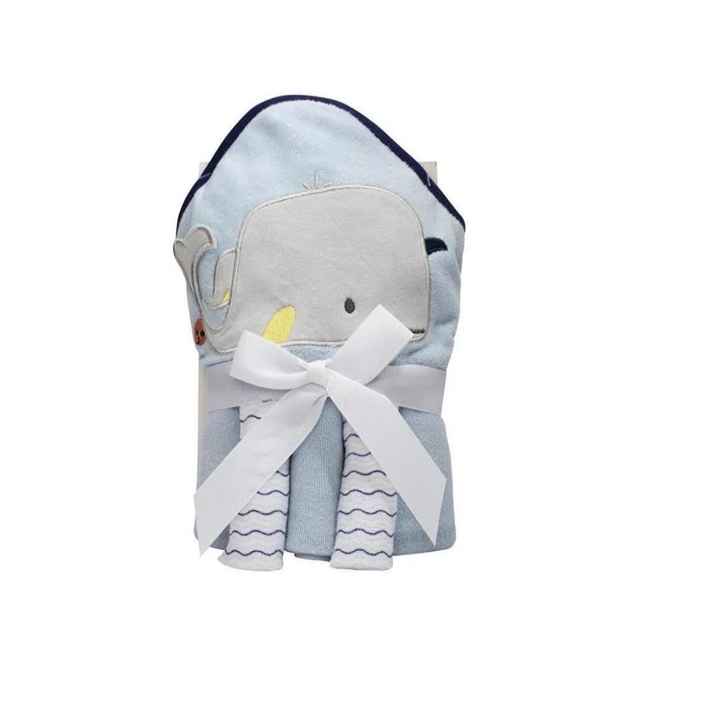 Kit Toalha de Banho Bordada Com Capuz e Toalha de Boca Para Bebês Baleia Azul Camesa