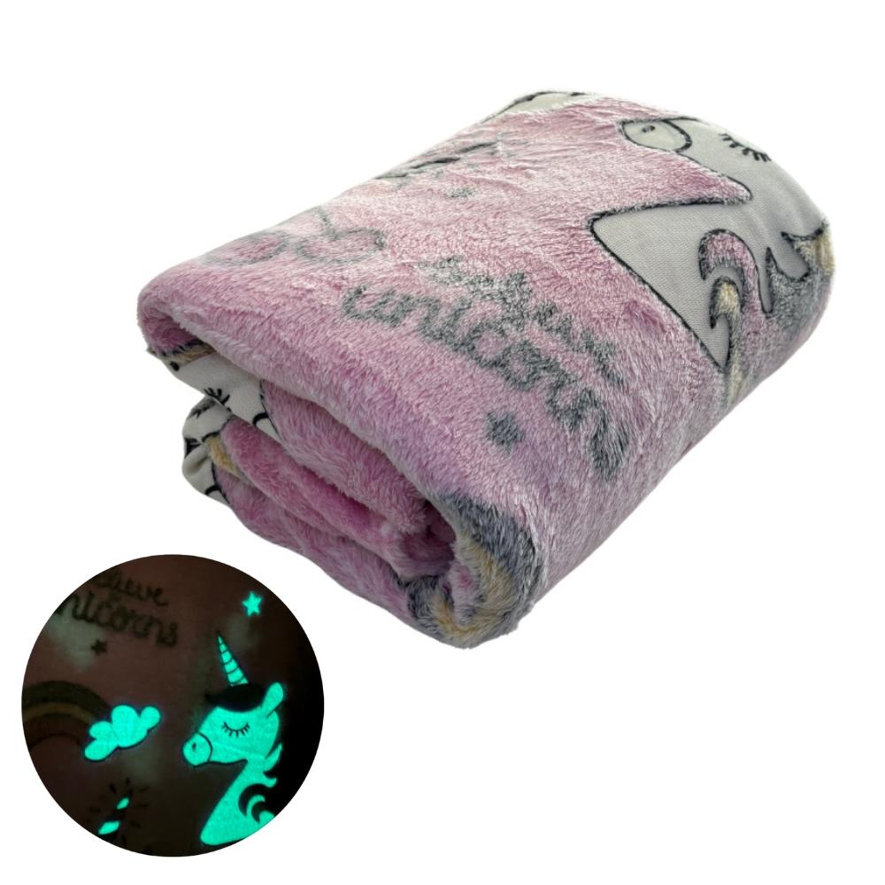 Manta Cobertor Solteiro Infantil Brilha no Escuro Unicórnios Believe