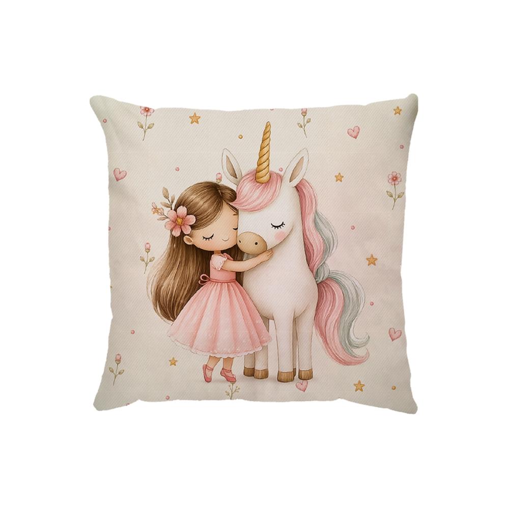 Capa Para Almofada 45x45cm Sarja Infantil Princesa Castanha e Unicórnio Dud Almofadas