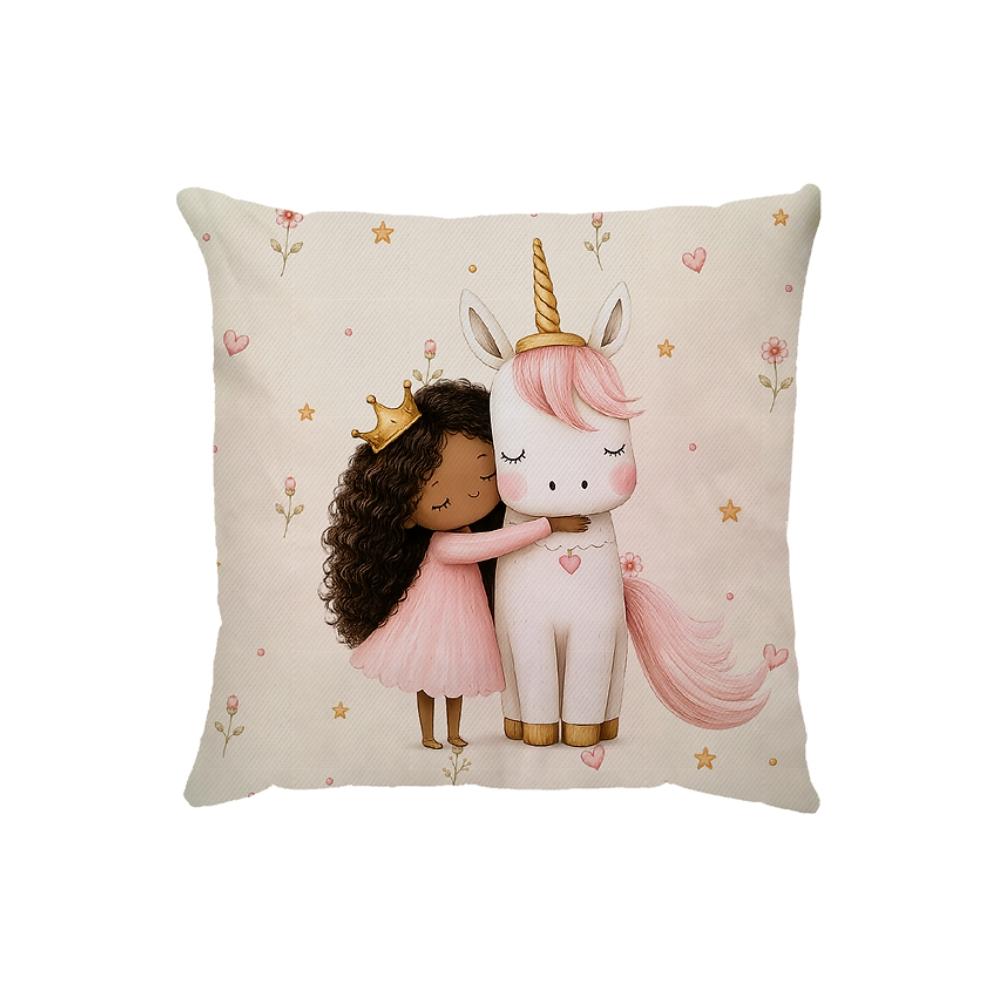Capa Para Almofada 45x45cm Sarja Infantil Princesa Negra e Unicórnio Dud Almofadas