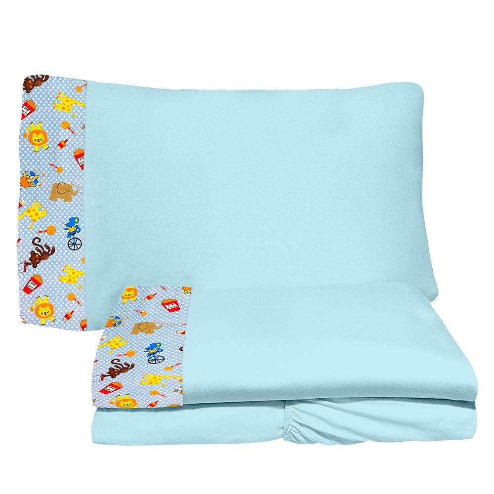 Jogo de Lençol 3 Peças Junior 78cm x 1,62m Circo Azul 100% Algodão Arrumadinho Enxovais