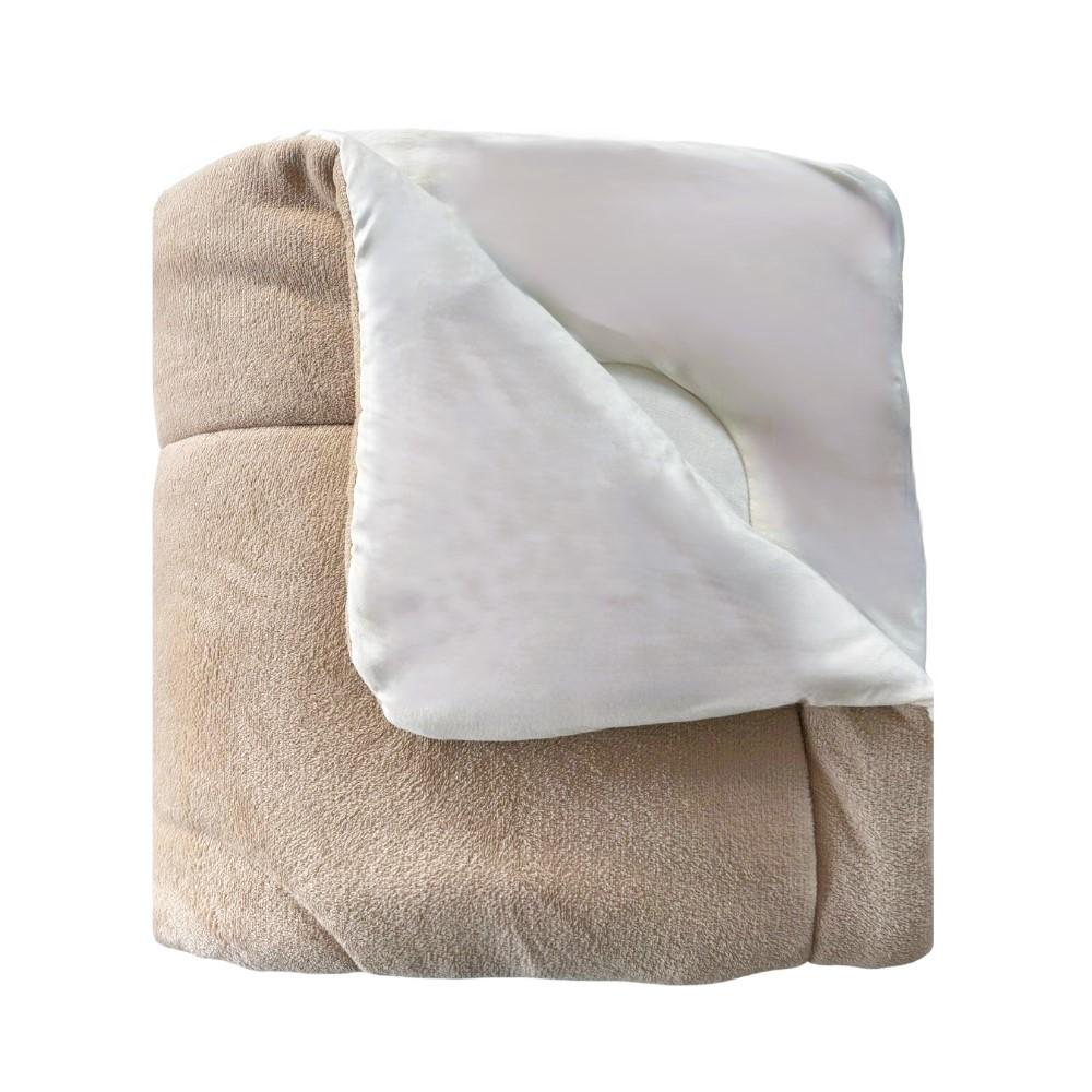 Coberdrom Queen Dupla Face Plush Bege e Malha Cru Arrumadinho Enxovais