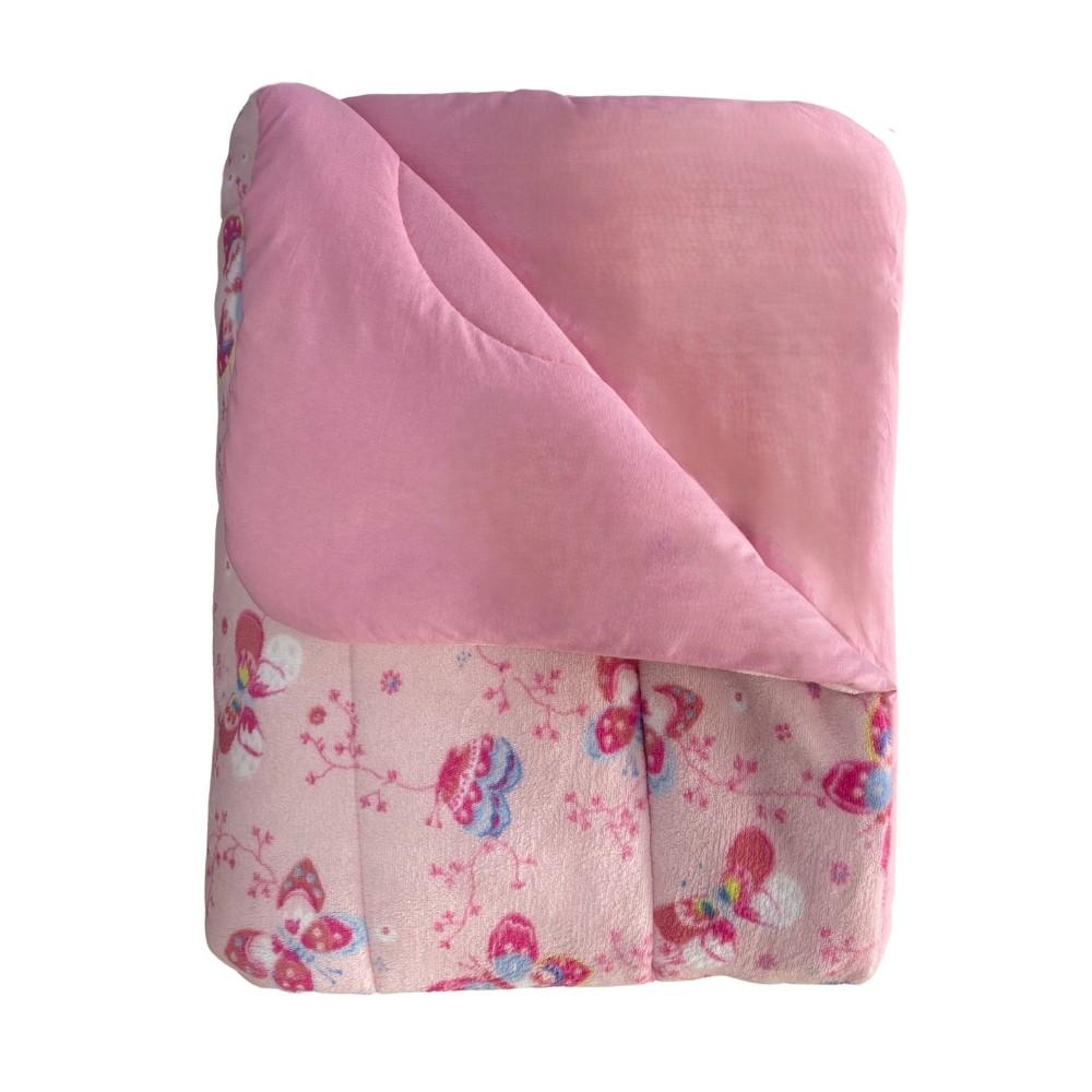 Coberdrom Casal Dupla Face Plush Borboletas e Malha Rosa Arrumadinho Enxovais