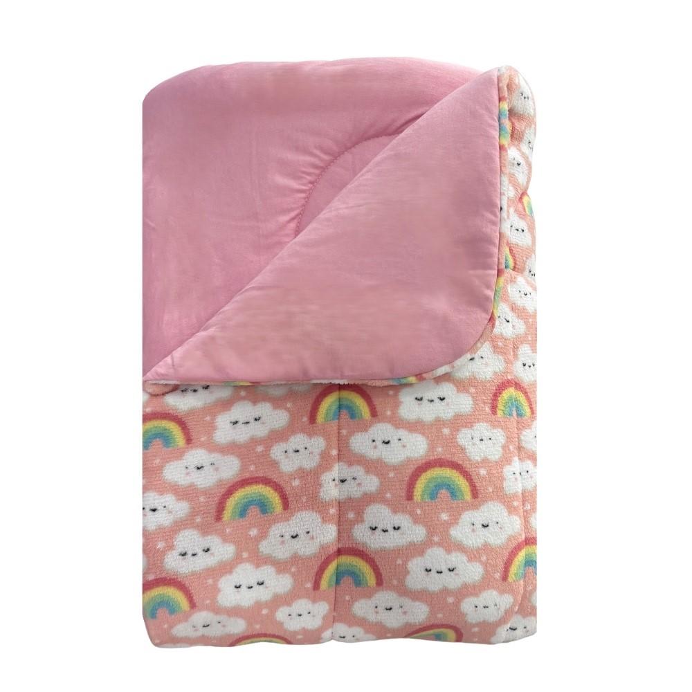 Coberdrom Casal Dupla Face Plush Nuvens e Malha Rosa Arrumadinho Enxovais