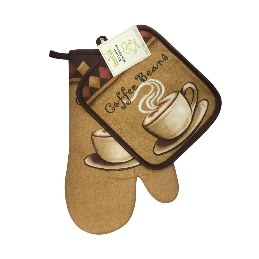 Kit 2 Peças Luva e Aparador Para Cozinha Coffee Beans Niazitex
