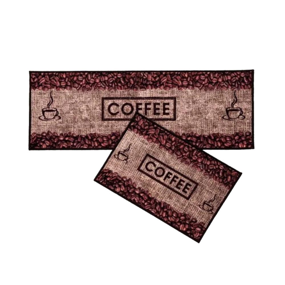 Kit Jogo de Tapetes Para Cozinha Bistrô 2 Peças Coffee Marrom Corttex