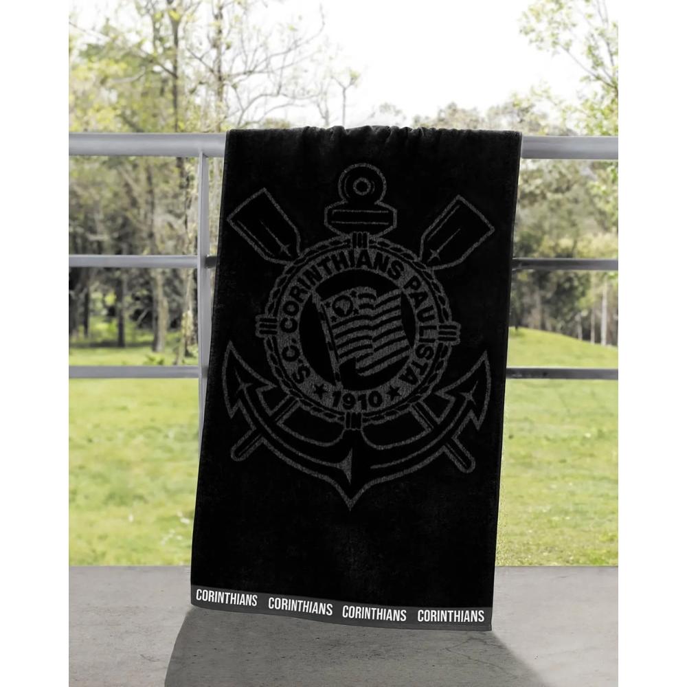 Toalha de Banho e Praia Corinthians Brasão Preta Veludo 100% Algodão Buettner