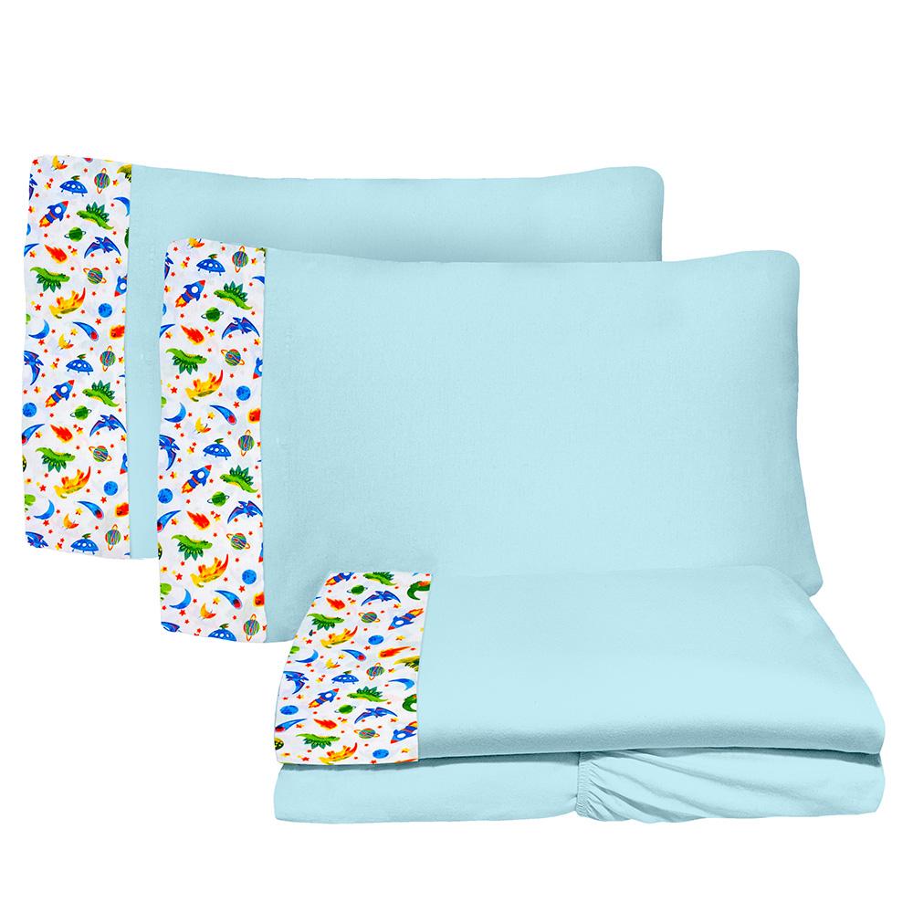 Jogo de Lençol 4 Peças Casal 1,38mx1,88m Dino Espacial Azul 100% Algodão Arrumadinho Enxovais