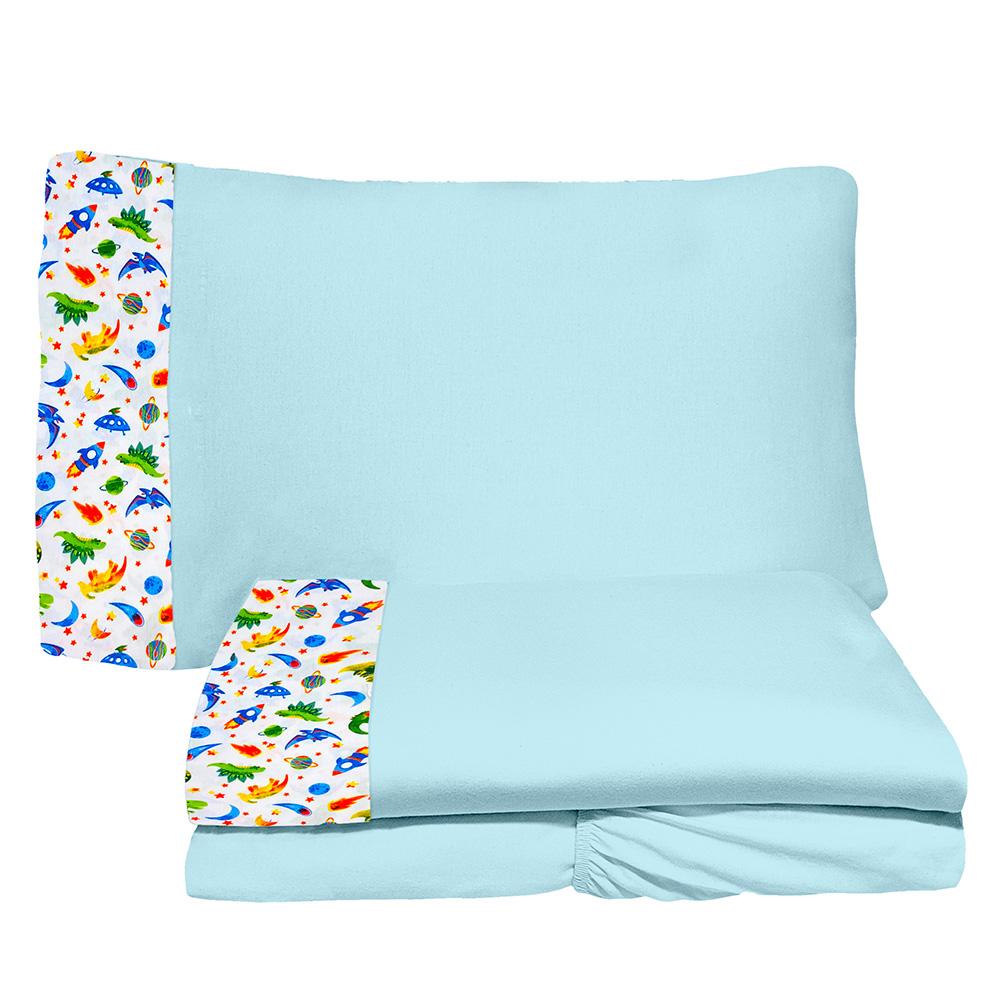 Jogo de Lençol 3 Peças Solteiro 88cm Dino Espacial Azul 100% Algodão Arrumadinho Enxovais