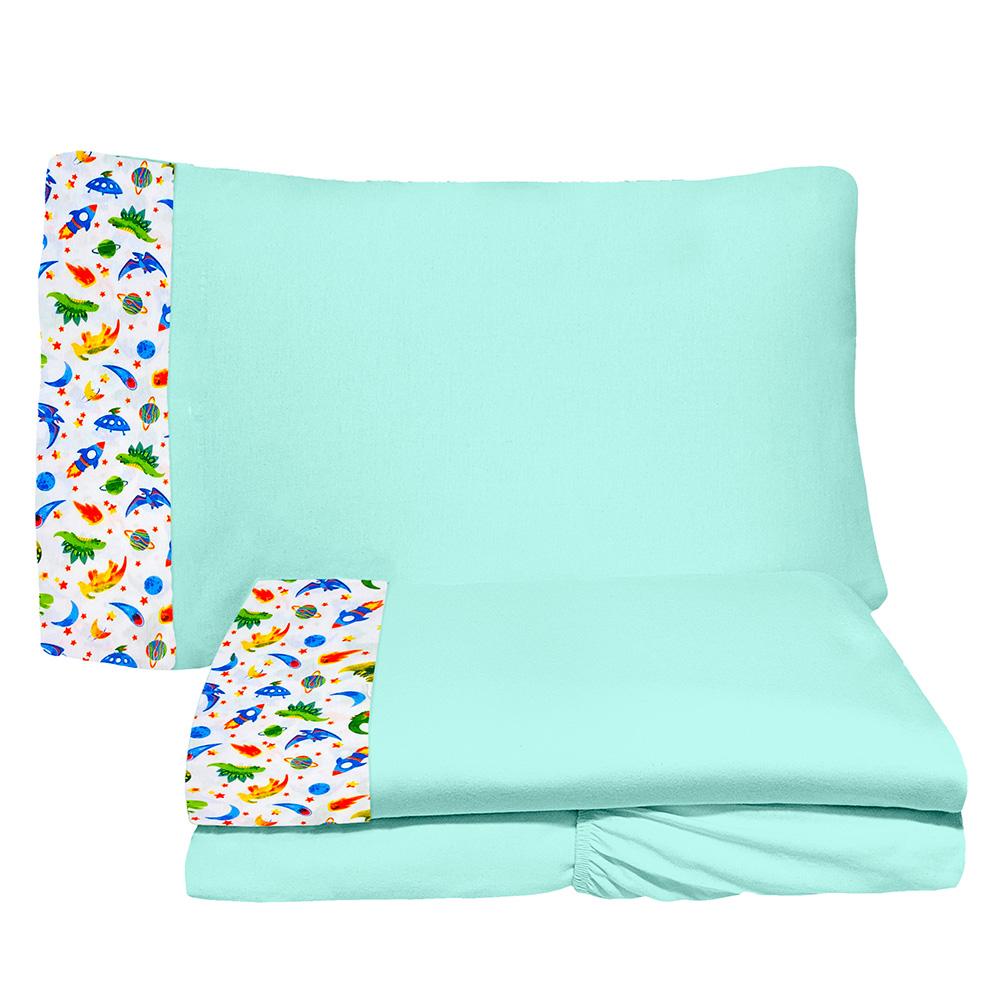 Jogo de Lençol 3 Peças Junior 78cm x 1,62m Dino Espacial Verde 100% Algodão Arrumadinho Enxovais