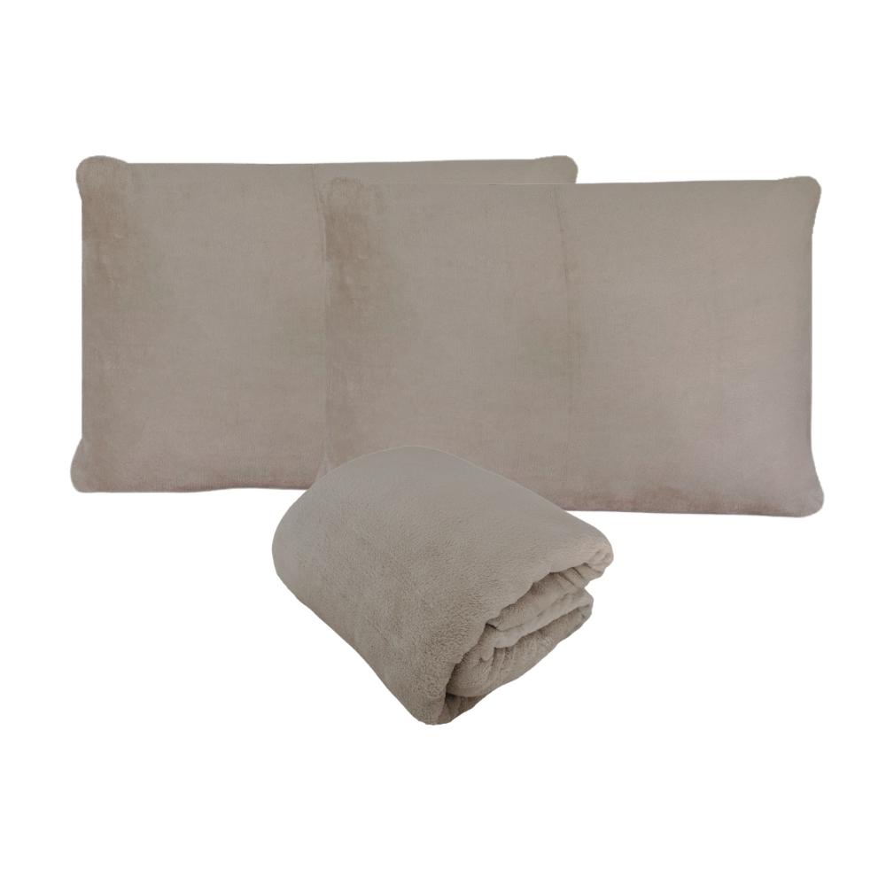Kit Fronhas e Lençol com Elástico Queen Plush Microfibra Fleece Bege Arrumadinho Enxovais