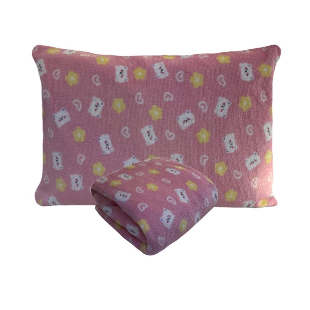Kit Fronha e Lençol com Elástico Cama Júnior Plush Microfibra Fleece Gatinha Arrumadinho Enxovais