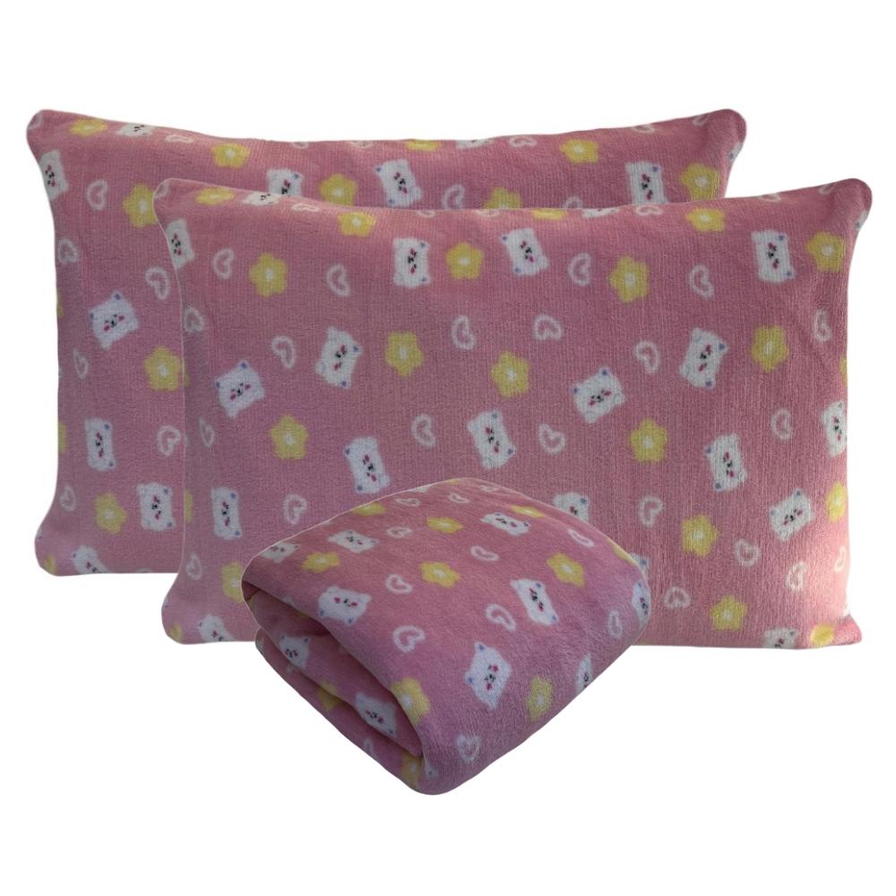 Kit Fronhas e Lençol com Elástico Casal Plush Microfibra Fleece Gatinha Arrumadinho Enxovais