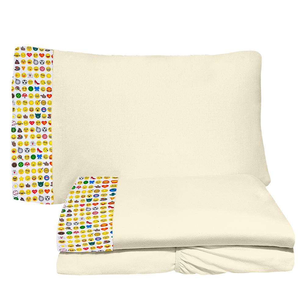 Jogo de Lençol 3 Peças Junior 78cm x 1,62m Emoji Cru 100% Algodão Arrumadinho Enxovais