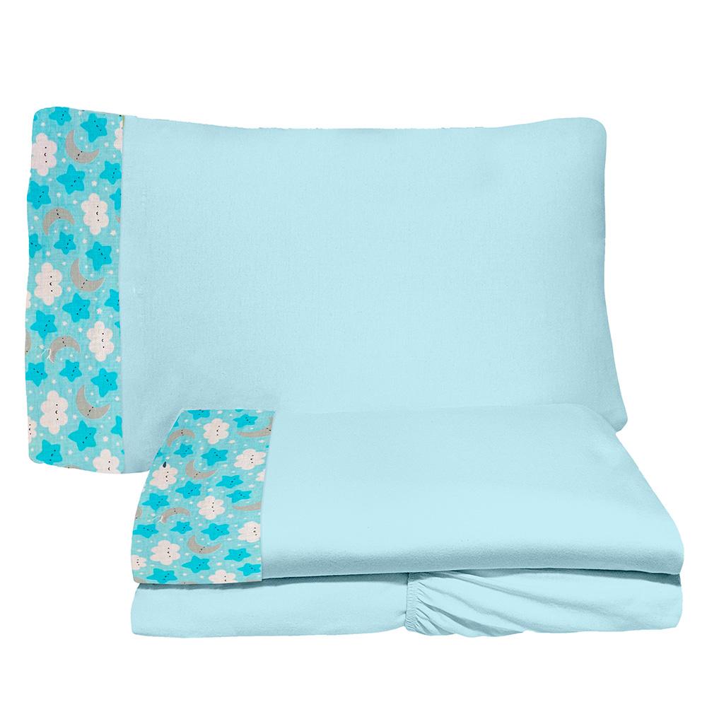 Jogo de Lençol 3 Peças Solteiro Especial King 96 Estrelar Azul 100% Algodão Arrumadinho Enxovais