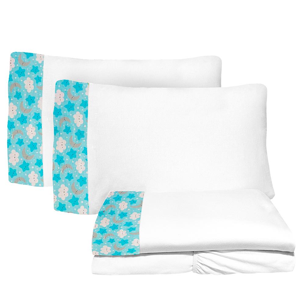 Jogo de Lençol 4 Peças Casal 1,38mx1,88m Estrelar Azul Branco 100% Algodão Arrumadinho Enxovais