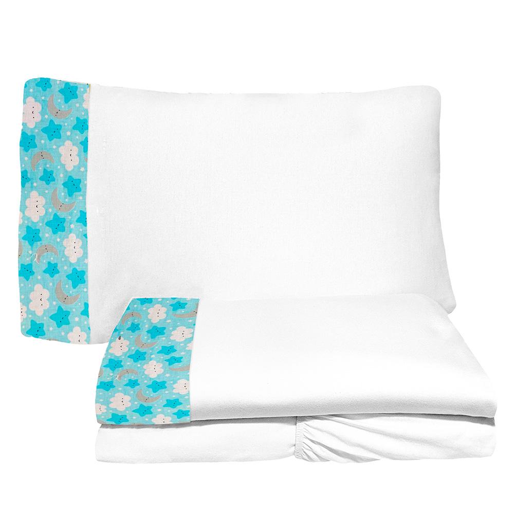 Jogo de Lençol 3 Peças Berço Americano 70x130cm Estrelar Azul Branco 100% Algodão Arrumadinho Enxovais