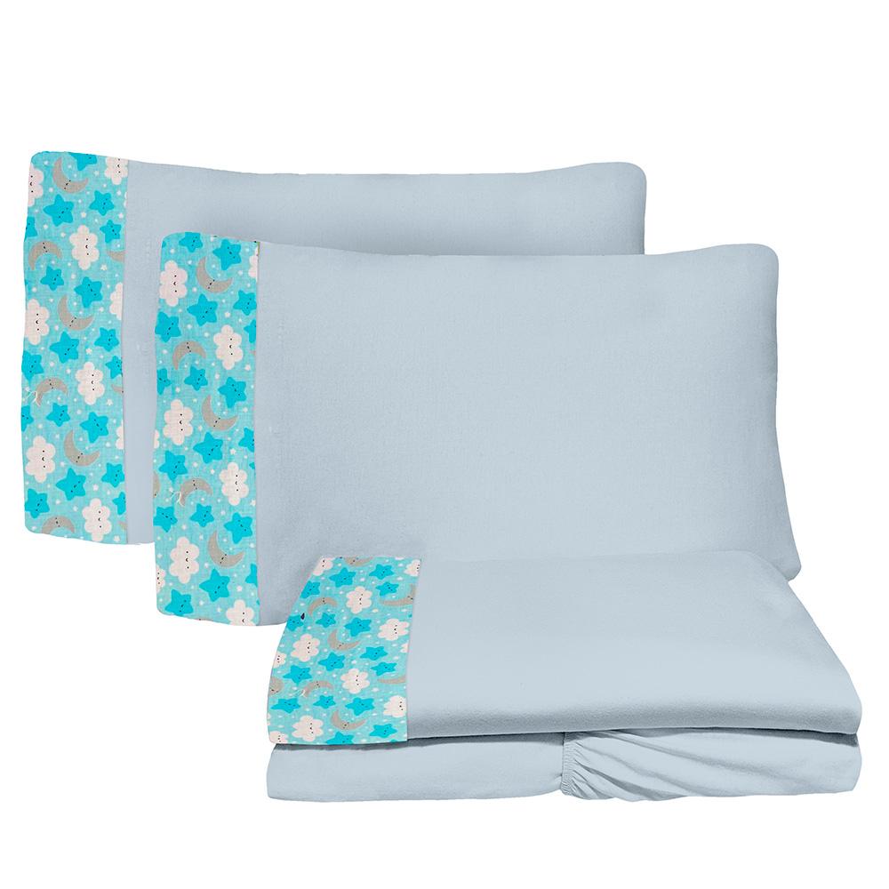 Jogo de Lençol 4 Peças Casal 1,38mx1,88m Estrelar Azul Cinza 100% Algodão Arrumadinho Enxovais