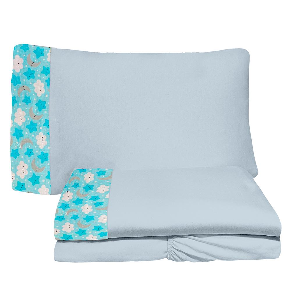 Jogo de Lençol 3 Peças Berço Americano 70x130cm Estrelar Azul Cinza 100% Algodão Arrumadinho Enxovais
