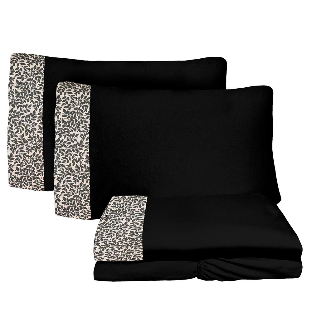 Jogo De Lençol 4 Peças Queen 1,58m x 1,98m Folhas 01 Preto Arrumadinho Enxovais