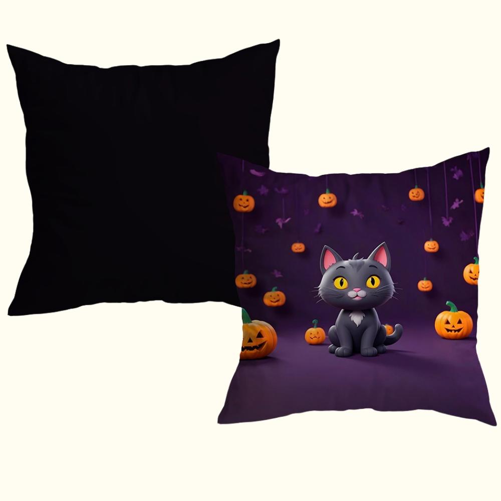 Capa Para Almofada Halloween Veludo 43x43cm Gatinho e Abóboras Niazitex
