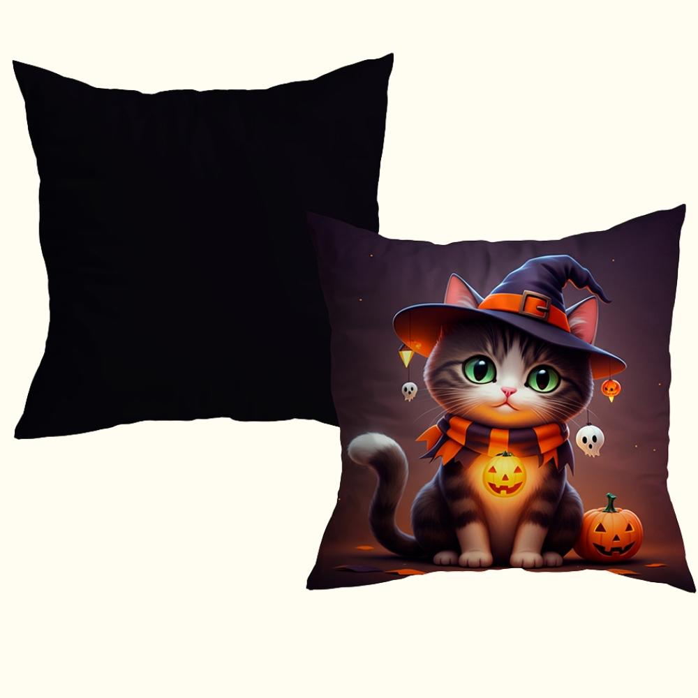 Capa Para Almofada Halloween Veludo 43x43cm Gatinho com Chapéu Niazitex