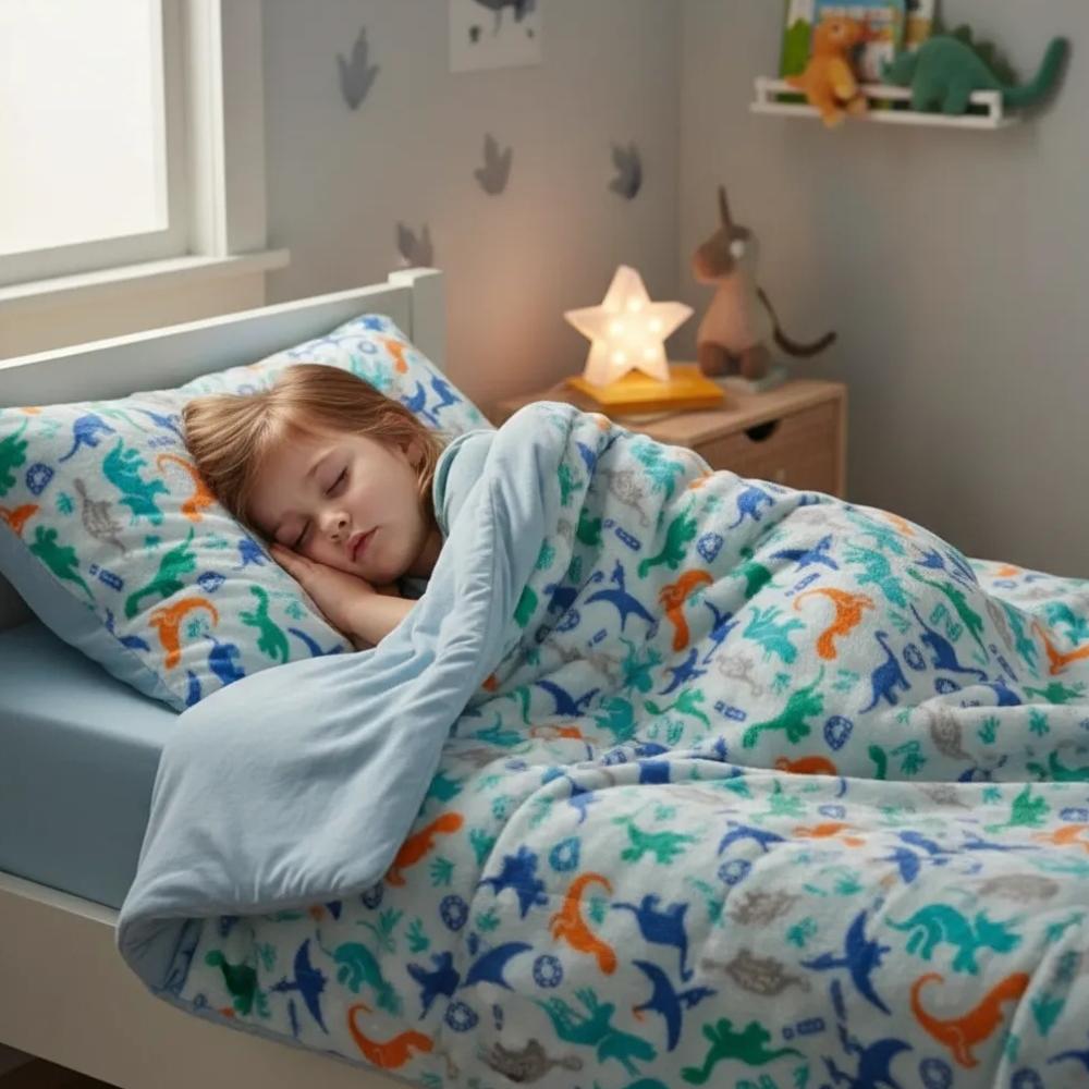 Coberdrom Júnior Mini Cama Dupla Face Plush Dinossauros e Malha Azul Arrumadinho Enxovais