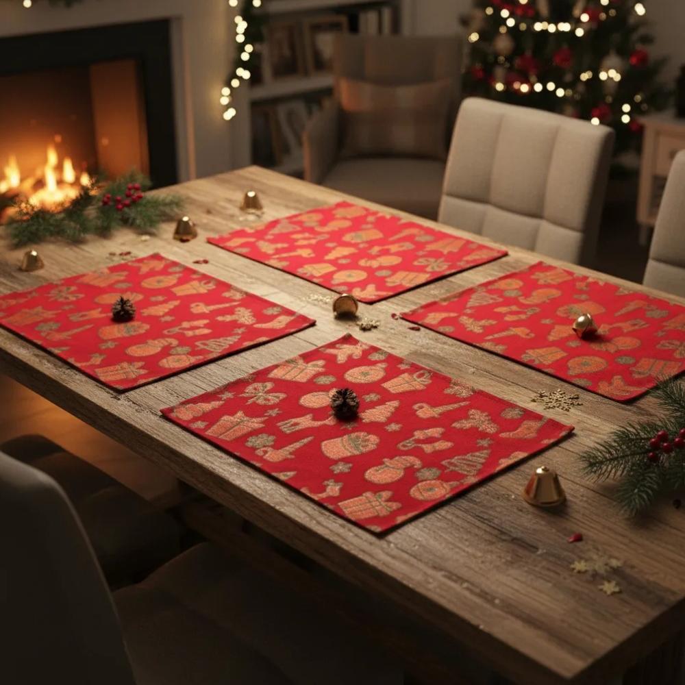 06 Lugares Americanos 45x35cm Natal Estampado Vermelho e Dourado Arrumadinho Enxovais