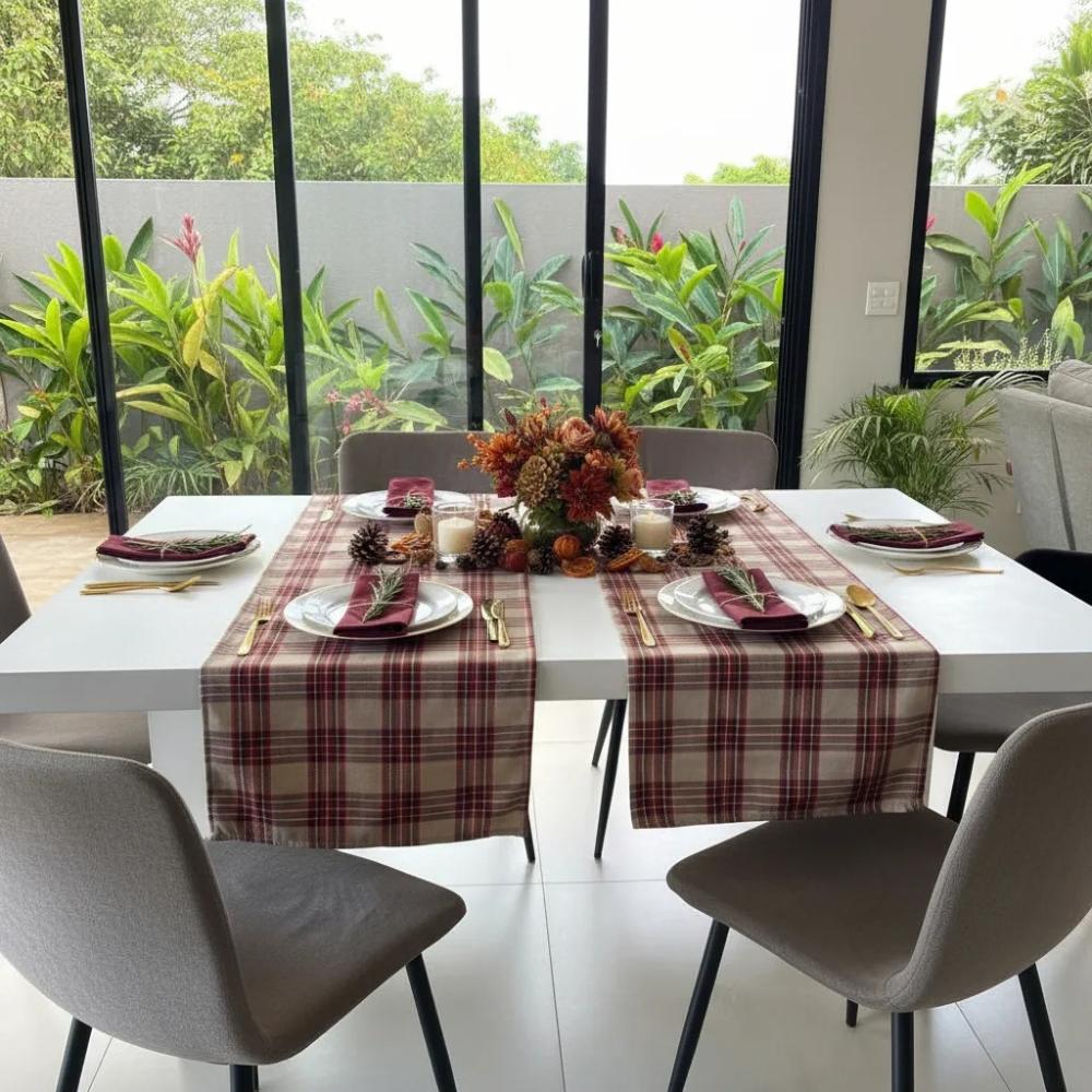 Kit 2 Caminhos Trilhos de Mesa 45cmx1,60m Natal Xadrez Bege e Vermelho Arrumadinho Enxovais