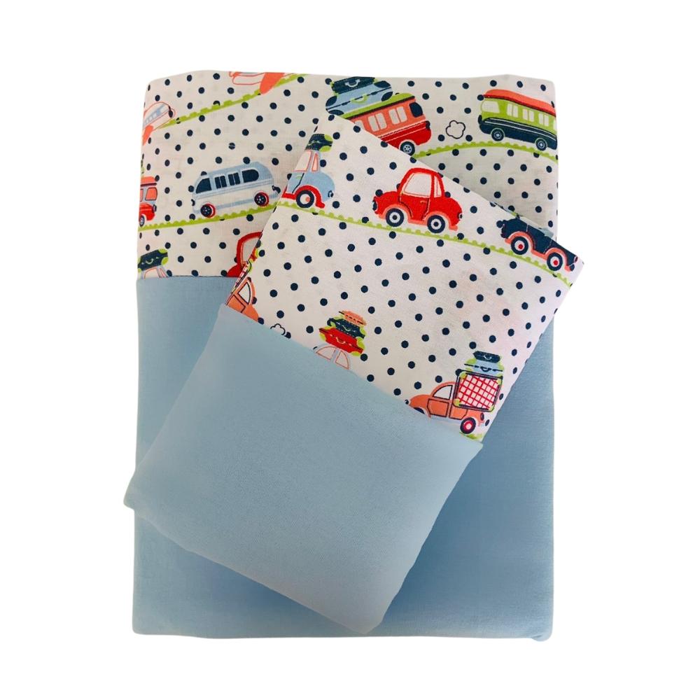 Jogo de Lençol 3 Peças Infantil Transportes Azul Solteiro 88cm 100% Algodão Arrumadinho Enxovais