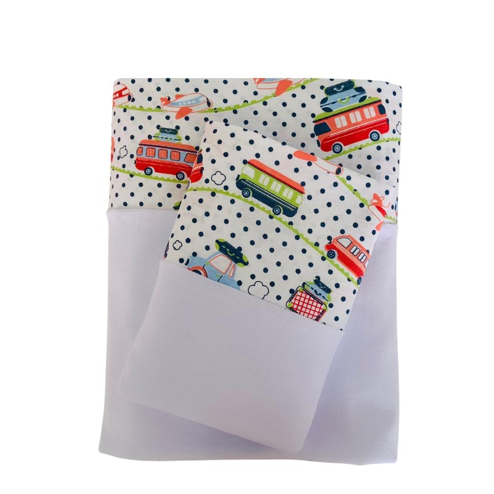 Jogo de Lençol 3 Peças Infantil Transportes Branco Solteiro 88cm 100% Algodão Arrumadinho Enxovais