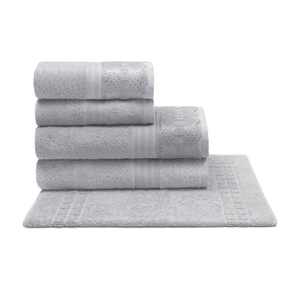 Jogo De Banho com Renda 5 Peças em Algodão Egípcio Cristal Roma Prata Buettner