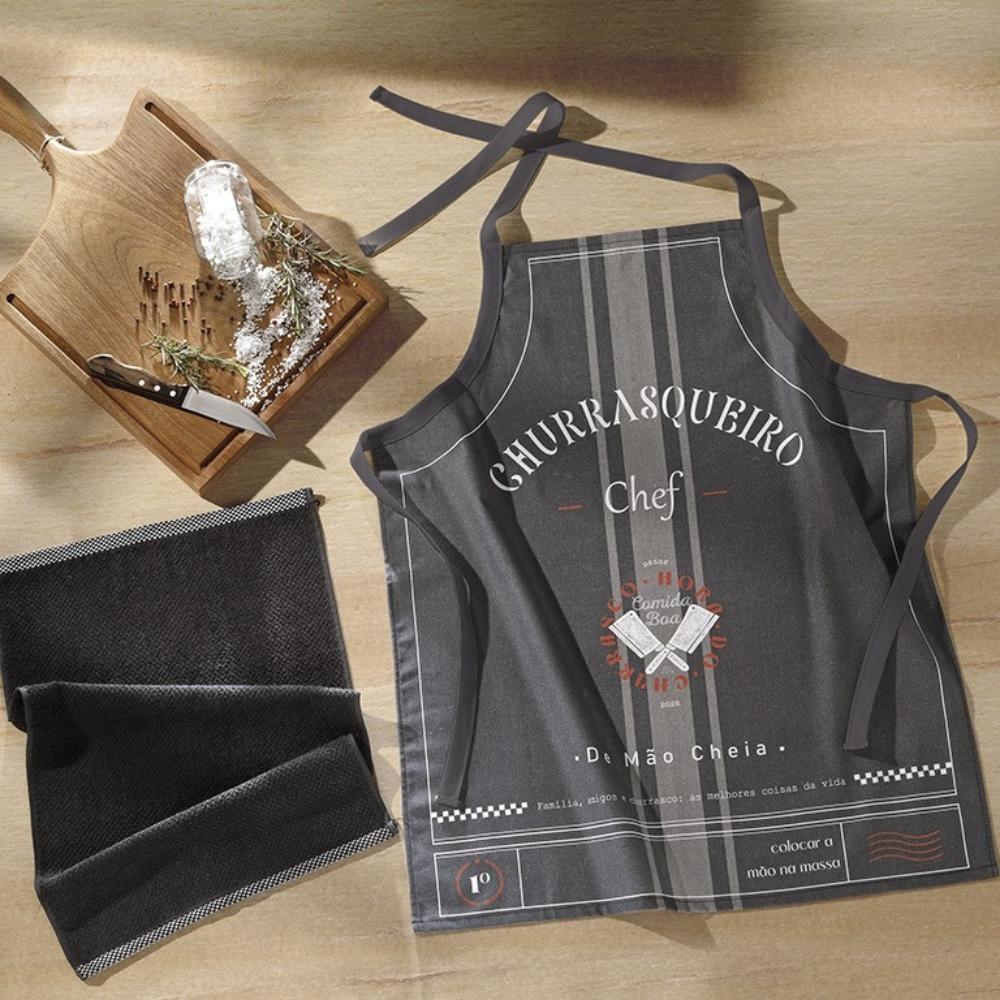 Kit Avental Churrasqueiro Chef e Pano de Copa Uni Preto Dohler