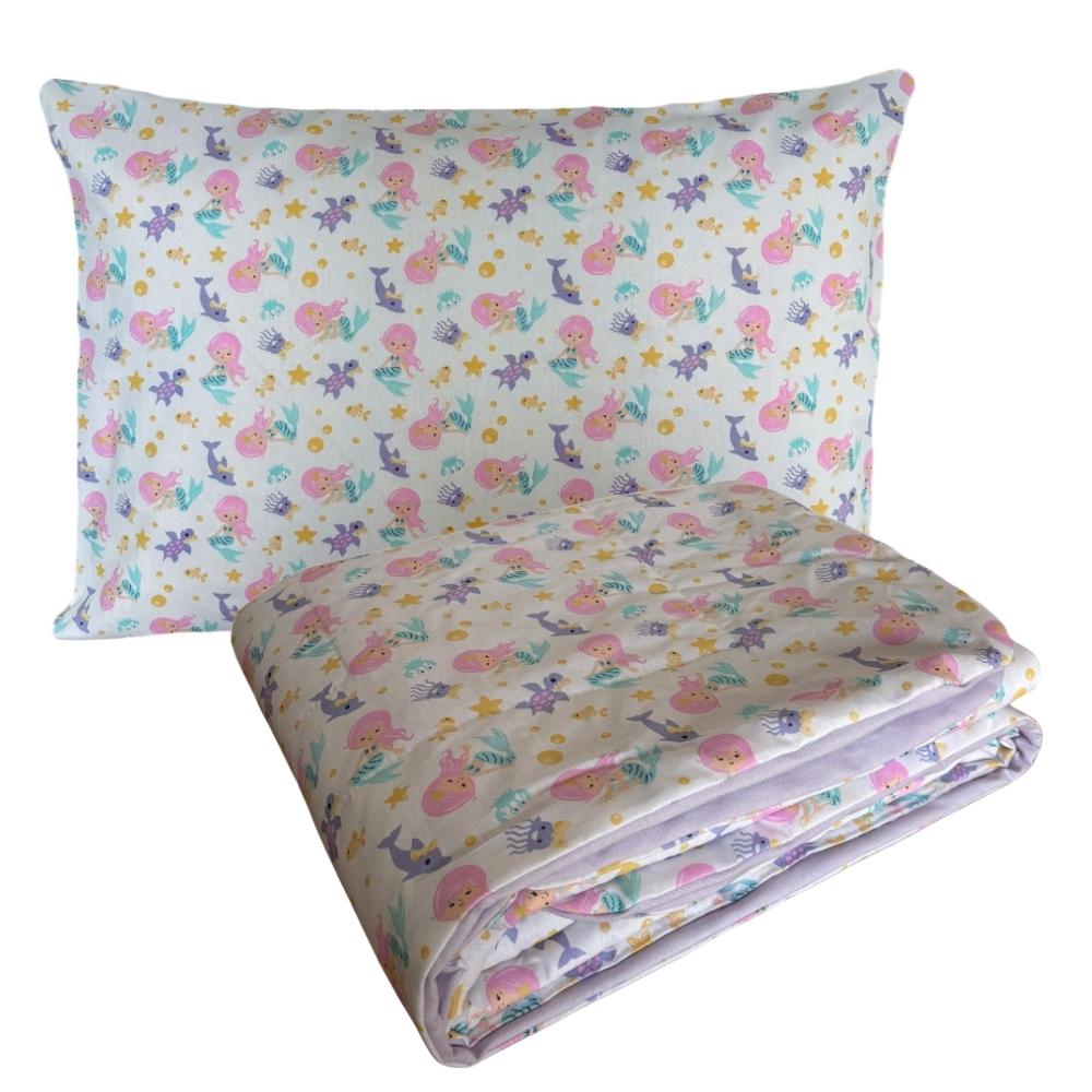 Kit Colcha Cobreleito Infantil Estampada Solteiro 100% Algodão Sereia Lilás Arrumadinho Enxovais
