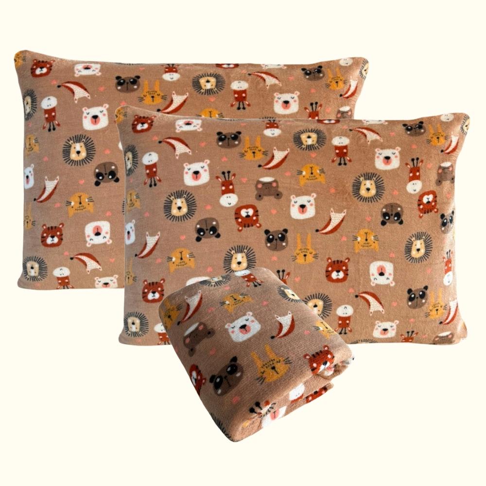 Kit Fronhas e Lençol com Elástico Casal Plush Microfibra Fleece Safari Arrumadinho Enxovais