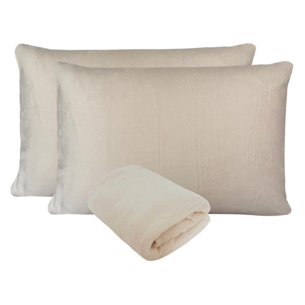 Kit Fronhas e Lençol com Elástico Casal Plush Microfibra Fleece Off White Arrumadinho Enxovais