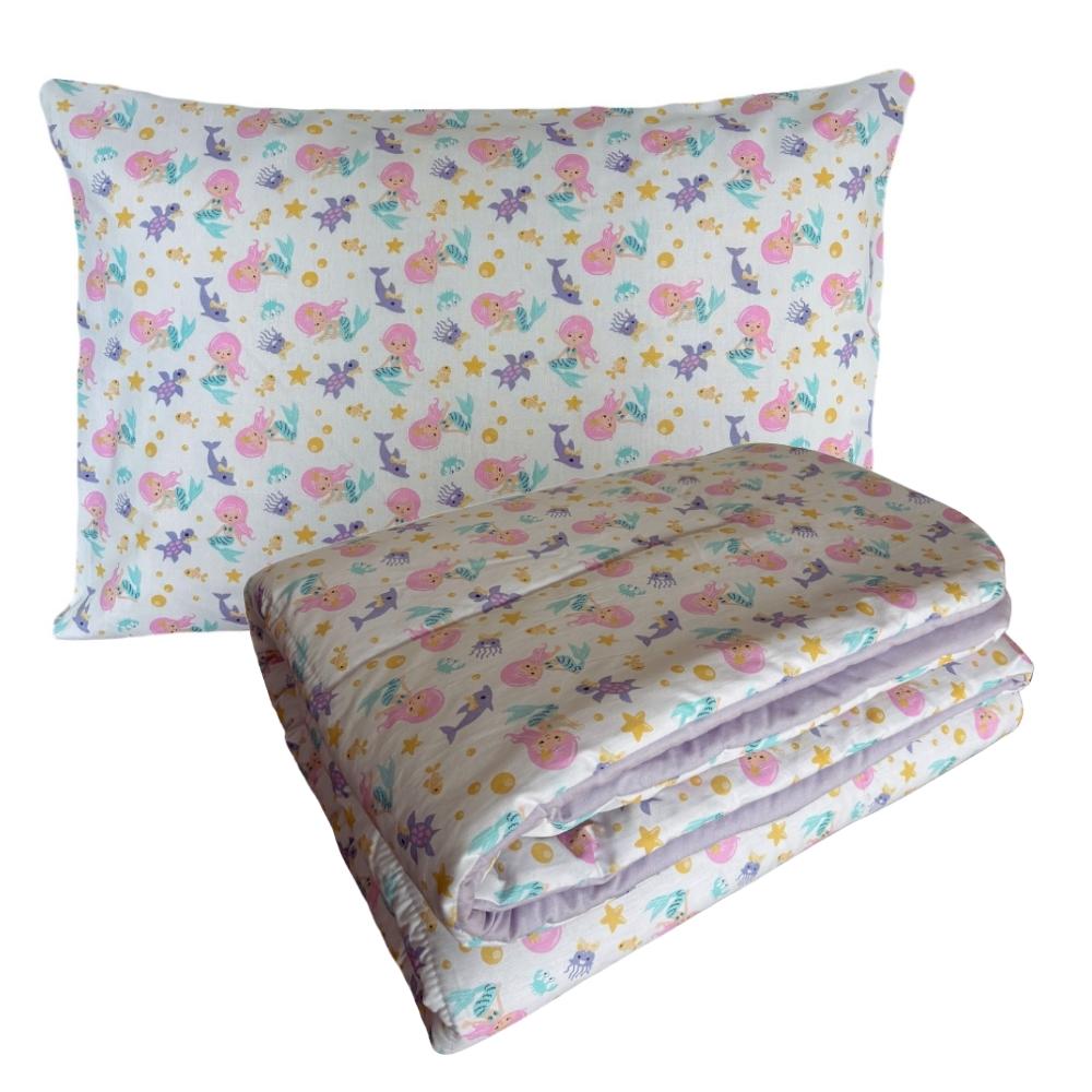 Kit Edredom Infantil Estampado Solteiro 100% Algodão Sereia Lilás Arrumadinho Enxovais