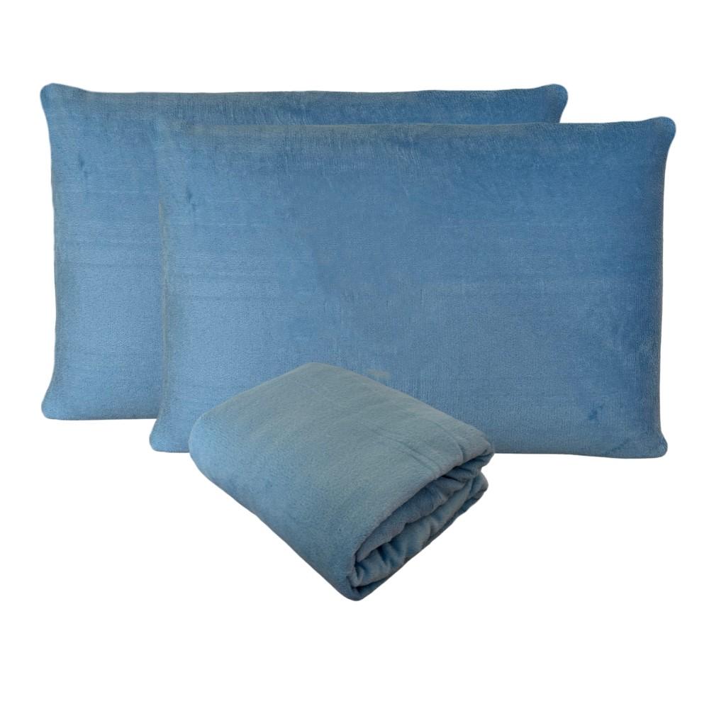 Kit Fronhas e Lençol com Elástico Casal Plush Microfibra Fleece Azul Claro Arrumadinho Enxovais