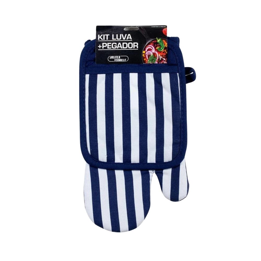 Kit Luva de Cozinha e Pegador Estampado Listras Azul Jolitex