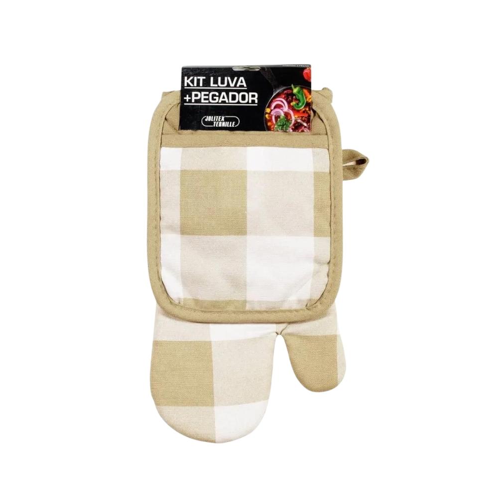 Kit Luva de Cozinha e Pegador Estampado Xadrez Bege Jolitex