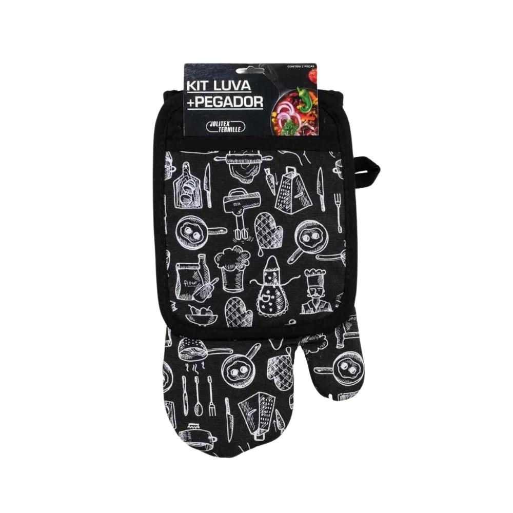 Kit Luva de Cozinha e Pegador Estampado Kitchen Preto Jolitex