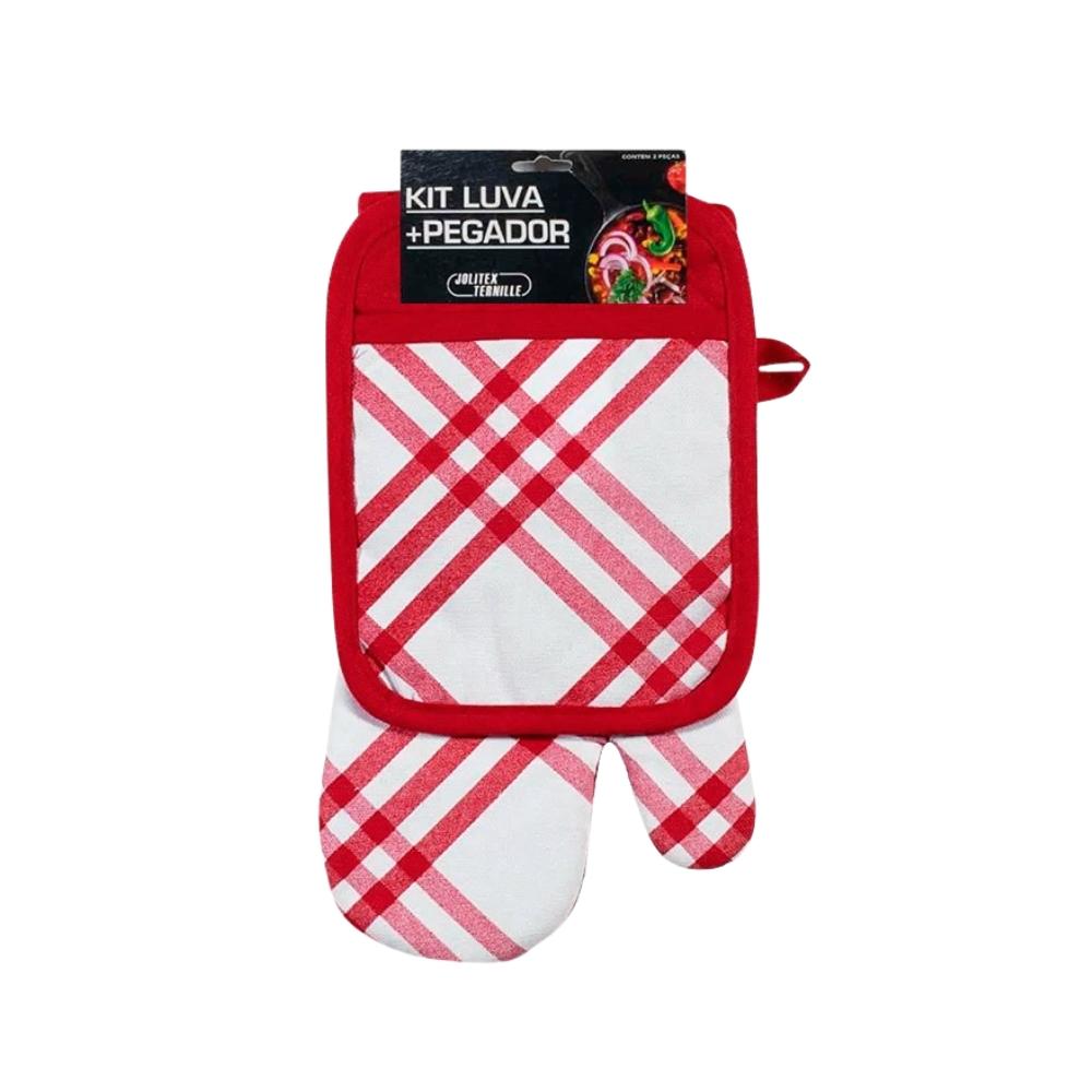 Kit Luva de Cozinha e Pegador Estampado Xadrez Vermelho Jolitex