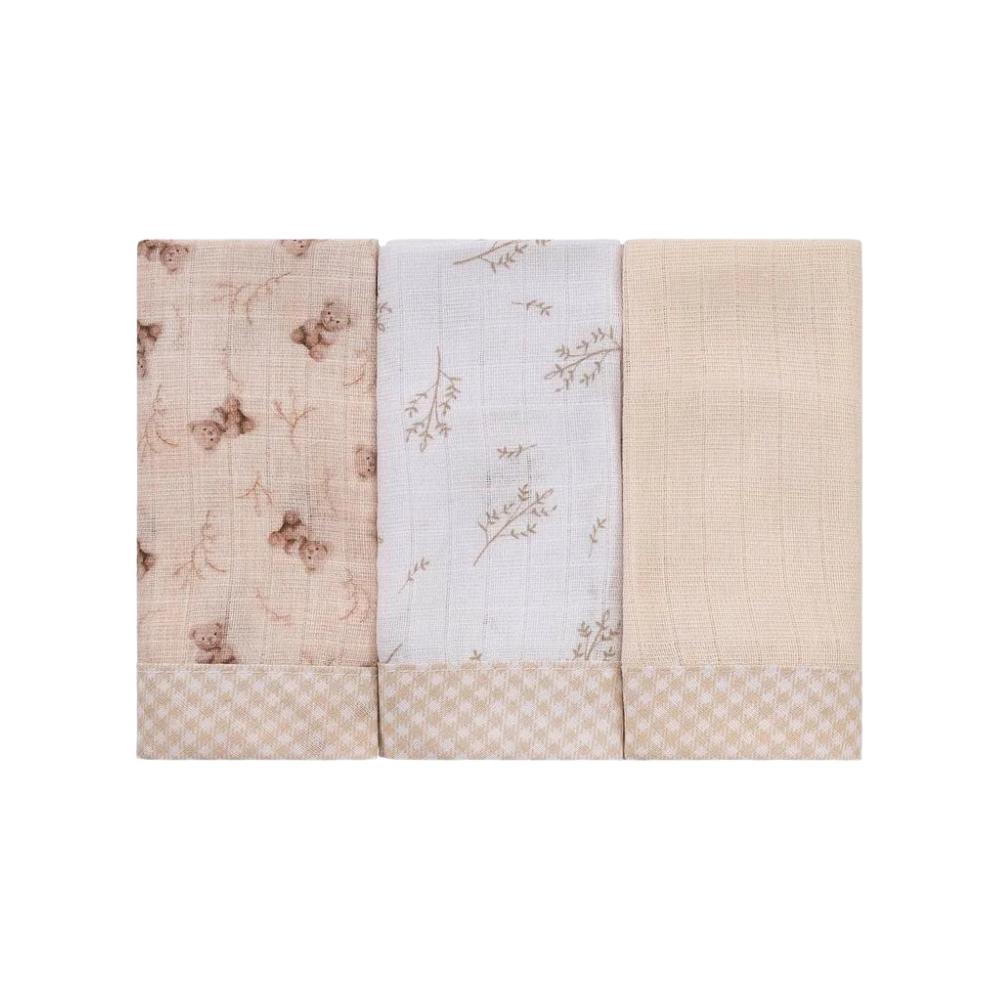 Kit 3 Panos de Boca 34x40cm 100% Algodão Baby Joy Urso Bege Incomfral
